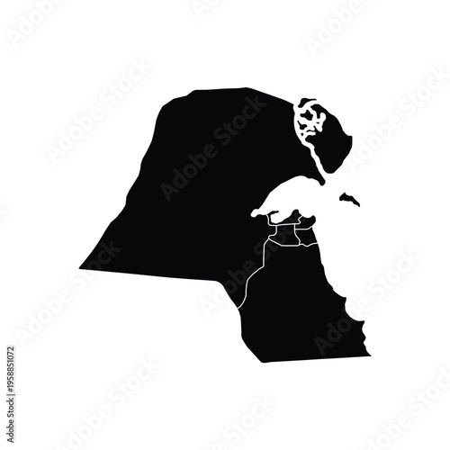 Kuwait silhouette map with provinces. Simple black administrative map.