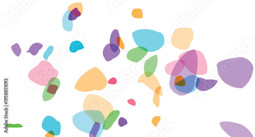 Scattered organic colorful abstract shapes and blobs overlap with transparency on a clean white background creating a whimsical and playful composition