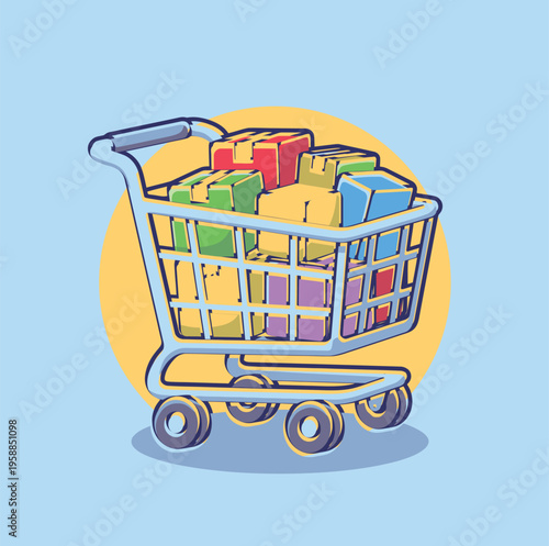 Shopping cart illustration displays numerous colorful boxes and purchased items against a solid light blue background.