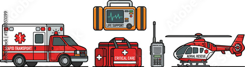Emergency medical response equipment including an ambulance, helicopter, monitor, and first aid bag are displayed together.