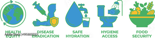 Five distinct blue and green graphic symbols represent core elements of public health initiatives across the planet.