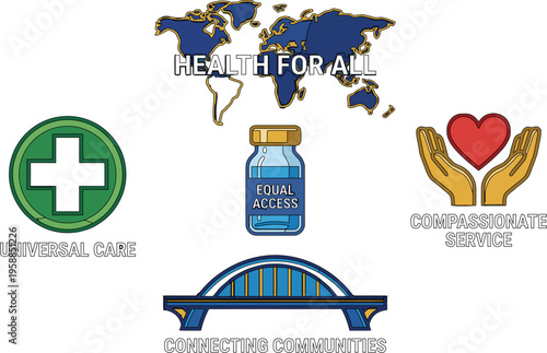 Central graphic illustrates worldwide health infrastructure with a vaccine vial, bridge, and caring hands supporting a map.