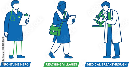 Three professional figures depict healthcare roles including a doctor, a field worker, and a laboratory researcher working.