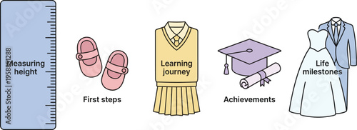 Collection of illustrated icons depicting human growth stages from first steps through graduation and marriage milestones.