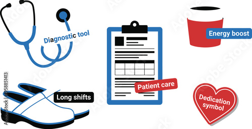 Assorted medical professional icons include a stethoscope, clogs, prescription pad, heart, and beverage cup on a white.