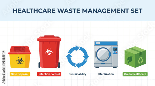 A set of five distinct icons represents elements crucial for effective healthcare waste management and sustainability efforts.