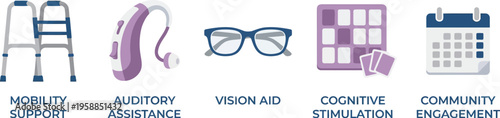 Essential aids for seniors are displayed horizontally, such as a walker, hearing device, glasses, bingo card, and calendar.
