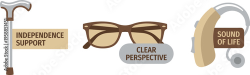 A collection of small objects representing support and assistance for older adults includes a cane, glasses, and a hearing.