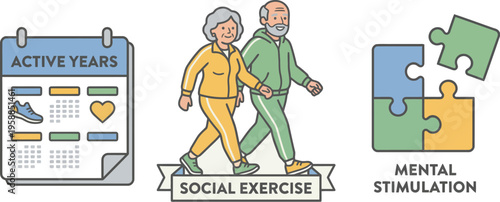 Various icons illustrate concepts related to maintaining an active and healthy senior lifestyle.
