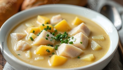 Creamy fish soup with chunks of potato and fresh chives in white bowl. Hearty seafood stew served warm with bread. Delicious homemade meal for lunch or dinner.