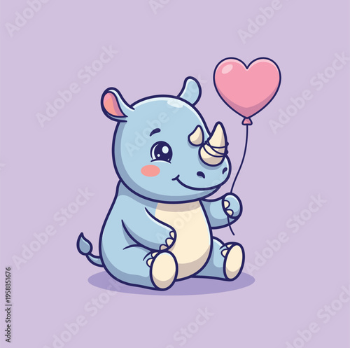 Cute cartoon baby rhinoceros character sits holding a pink heart-shaped balloon against a soft lavender background.