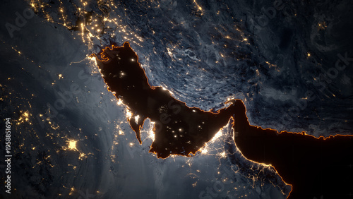 Night satellite image of the Persian Gulf with city lights, coastlines of Dubai, Qatar, and Saudi Arabia. Stylized map of the Middle East. 3d render