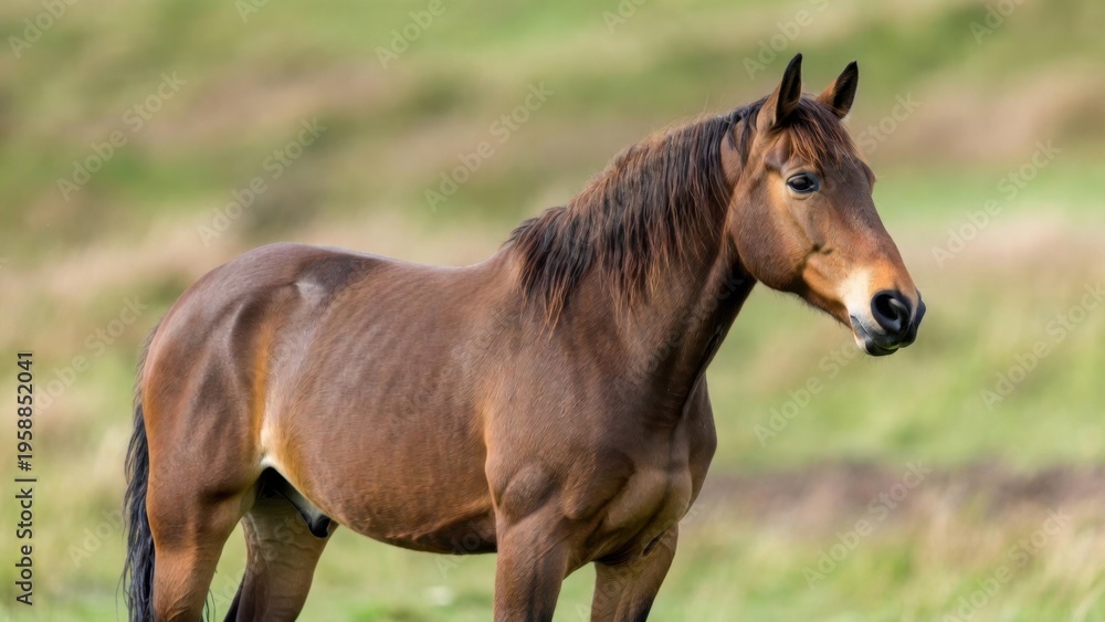 Fototapeta premium Brown horse standing in grassy field with blurred background