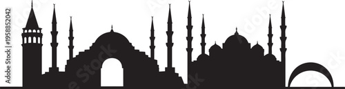 Silhouettes Of Mosque Domes And Minarets With A Crescent Moon Symbol