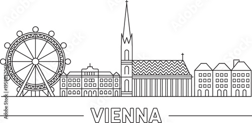 Vienna City Skyline Line Art With Famous Landmarks And Name Inscription