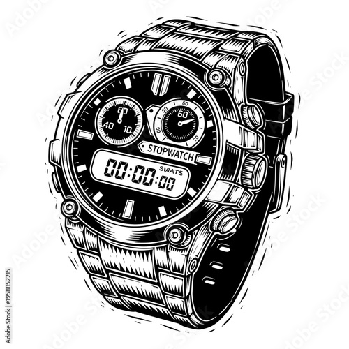 Vetor Pinocut A close-up illustration of a sophisticated watch showcasing meticulous design and functionality.