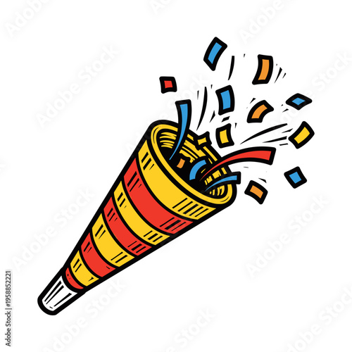 Vetor Pinocut A festive illustration of a party popper shooting confetti.