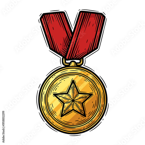 Vetor Pinocut A golden medal with a star pendant and red ribbon.