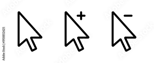 Cursor icons set with plus and minus, pointer zoom in and zoom out symbols, minimal outline UI interface icons, Vector illustration.