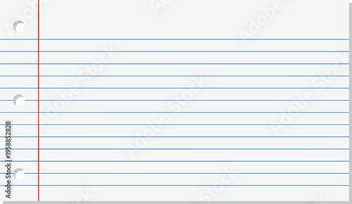 Minimalist graphic illustration of a blank lined notebook paper with three punched holes on the left side, perfect for school, office, or design projects requiring a classic stationery background
