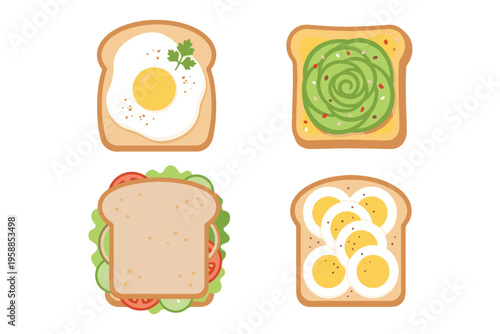 Healthy Toast and Sandwich Toppings Set, Fried Egg, Avocado, Salad, and Boiled Egg on Bread, Flat Vector Food Illustration for Cafe and Menu