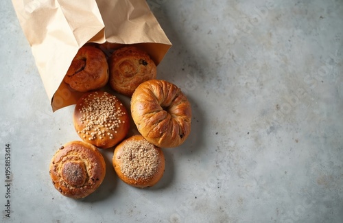 Assortment of fresh baked buns spilled from paper bag onto textured surface. Various round pastries with different toppings for breakfast or snack.