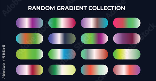 Random gradient collection with 16 colorful swatches, vibrant metallic and neon color palettes, modern vector UI design elements for web and apps