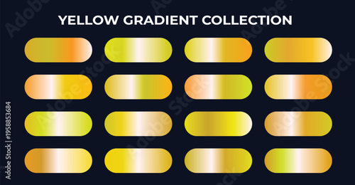 Yellow gradient collection with 16 metallic gold swatches, vibrant golden color palette set, luxury glossy texture buttons for UI design