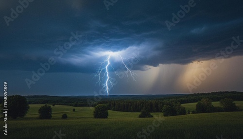 Photos Dramatic lightning strike pierces through heavy, dark storm clouds over a serene