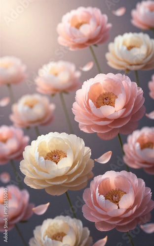 Soft pink and cream ranunculus flowers bloom gently against a dreamy