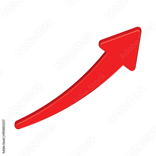 3D Glossy Red Arrow Upwards Pointing Right. Isolated on White Background. Bold Plastic Business Growth, Success, Profit Increase Symbol. Financial Trend Progress, Marketing Target, Success Vector.
