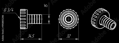 Vector drawing of round steel mechanical 
part with through holes, dimensional lines.
Engineering technical cad scheme and 3d model
of cover. Sketch on paper sheet.