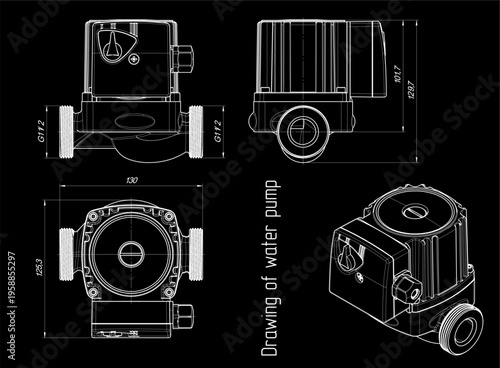 Vector water pump. Engineering mechanical 
educational drawing and 3d model of cold water supply device
with dimension line. Industrial design 
on paper sheet. Technology schematic diagram.