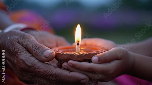 Elderly hand carefully lights a diya with a matchstick held by a child's hand, showcasing the passing of tradition during a vibrant festival celebration in an outdoor setting