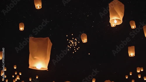 A multitude of floating lanterns rise into the night sky, creating a mesmerizing display of light against the dark backdrop, with stars twinkling in the distance and lanterns glowing softly