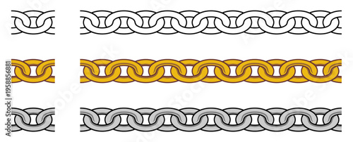 Cable Chain Seamless Pattern Ornament Frame Border Vector Illustration Set Black Grey and Gold Color