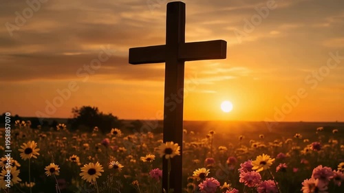 Christian cross silhouette in blooming flower field at golden sunset, spiritual Easter resurrection concept with dramatic sky and warm sunlight