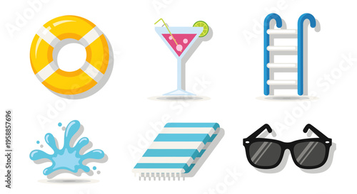 Summer vacation icon set features lifebuoy, cocktail, pool ladder, water splash, towel, and sunglasses.