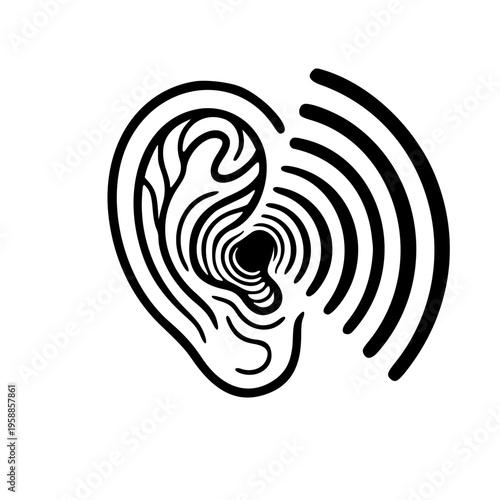 Human Ear with Sound Waves – Hearing Sense and Audio Perception Symbol Minimalist Black and White Line Art Illustration