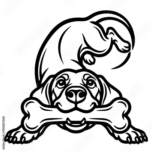 Playful Dog with Bone – Happy Golden Retriever or Labrador Puppy Holding Large Treat Minimalist Black and White Line Art Illustration