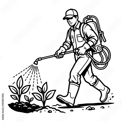Farmer Spraying Fertilizer on Plants Vector Illustration