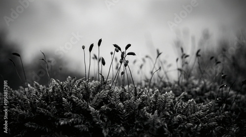 Black and white moss macro with delicate spore stems and moody natural atmosphere