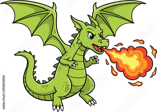 Cartoon Angry Green Dragon Breathing Fire Flames Wings Horns Claws Vector Illustration