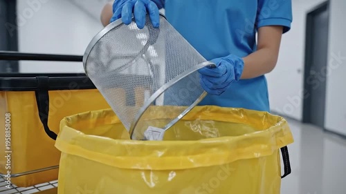 Asian woman in blue shirt and gloves pours waste from a metal container into a yellow trash bag while standing in a clean hallway with a cleaning cart nearby