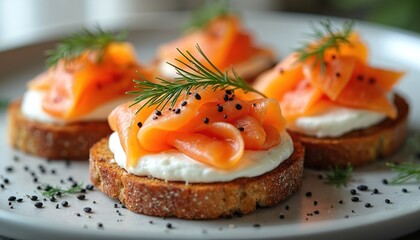 Smoked salmon slices on toast with cream cheese and dill sprigs. Garnished with black seeds. A delicious appetizer ready for serving. Ideal for food blogs or catering menus.