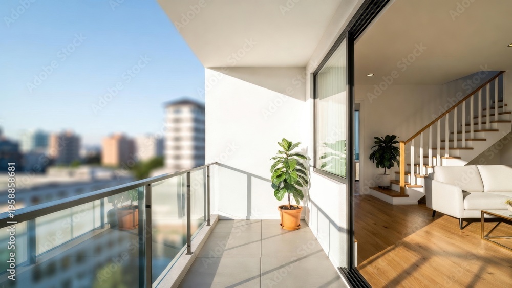 Naklejka premium Balcony with potted plant basking in sunlight on apartment terrace