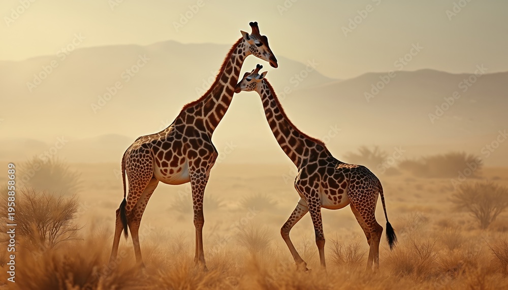 Obraz premium Two giraffes with necks intertwined in dry savanna landscape. They are interacting closely in warm golden hour light. Gentle wildlife encounter in nature habitat.