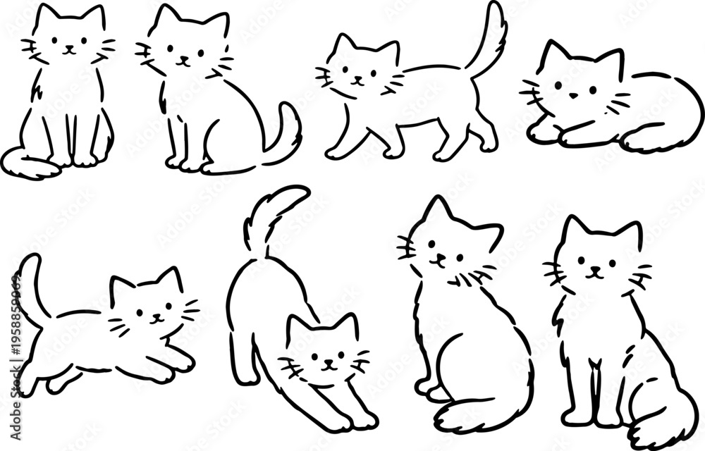 Naklejka premium Set ofhand drawn sketch doodle cartoon cat in various poses and actions vector illustration