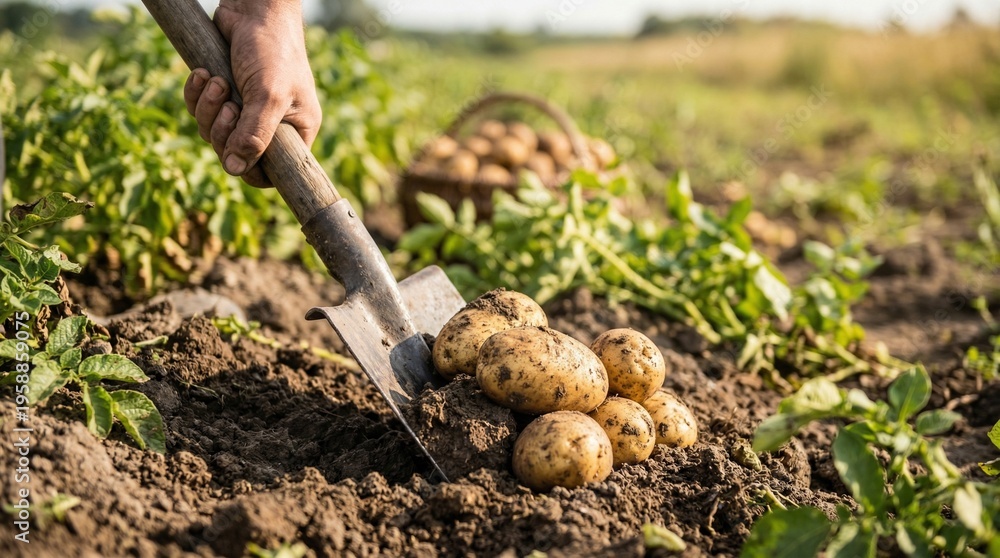 Fototapeta premium Harvesting fresh potatoes by hand with a shovel in a field, showcasing the bounty of the earth
