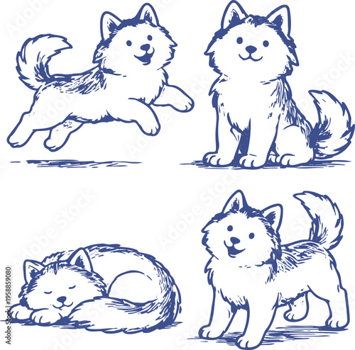 Set of hand drawn sketch doodle adorable alaskan malamute siberian husky dogs in various playful and resting poses vector illustration